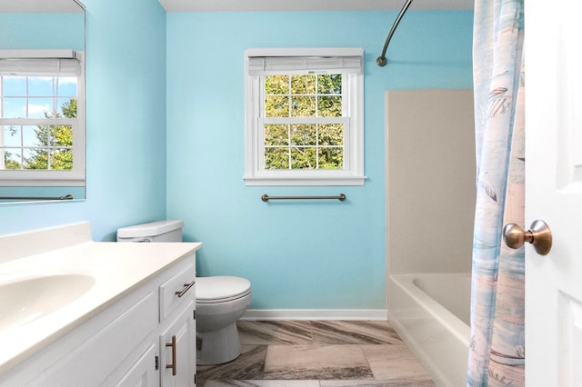 full bathroom with vanity, toilet, and shower / tub combo