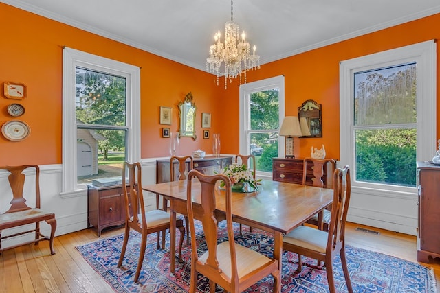 19 Cedardale Ln, Irvington, VA 22480 - dining room with light wood-style flooring, a chandelier, ornamental molding, and a wainscoted wall