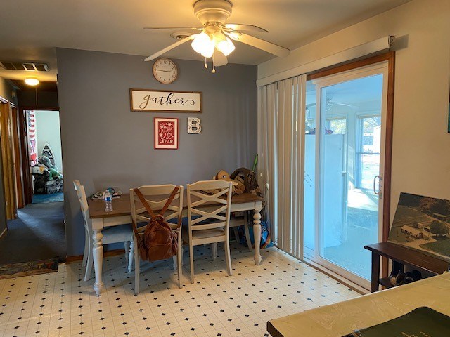 dining room featuring visible vents, ceiling fan, and light floors