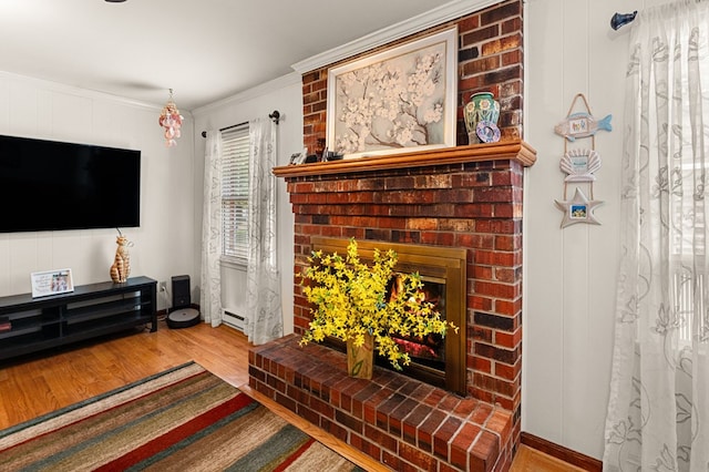 31 Bunker Hill Rd, Farnham, VA 22460 - living room featuring a fireplace, wood finished floors, ornamental molding, and a baseboard heating unit