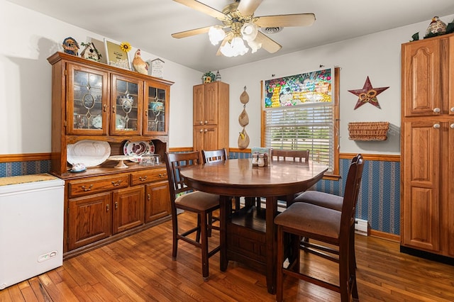 31 Bunker Hill Rd, Farnham, VA 22460 - dining space with wainscoting, wood-type flooring, and ceiling fan