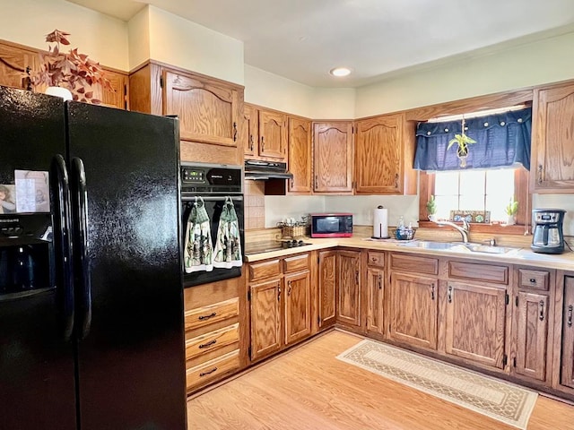 kitchen featuring sink, black appliances, and light hardwood / wood-style floors