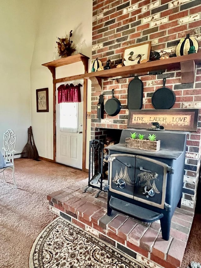 details featuring carpet flooring and a wood stove