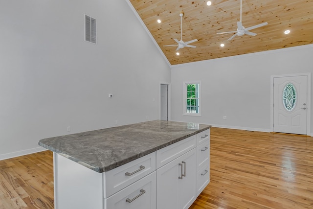 282 Regina Rd, Lancaster, VA 22503 - kitchen with a ceiling fan, wooden ceiling, a center island, recessed lighting, and light wood-type flooring