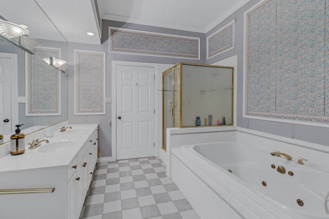 bathroom with a sink, ornamental molding, tile patterned floors, a whirlpool tub, and a stall shower