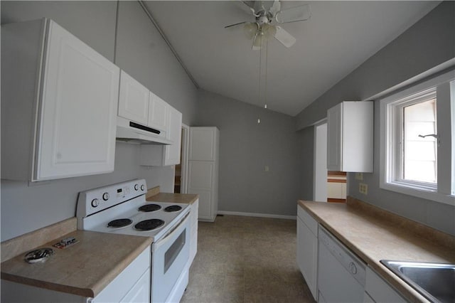 kitchen with light tile flooring, ceiling fan, lofted ceiling, white appliances, and white cabinetry