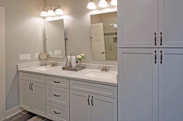 bathroom with double sink vanity and hardwood / wood-style flooring