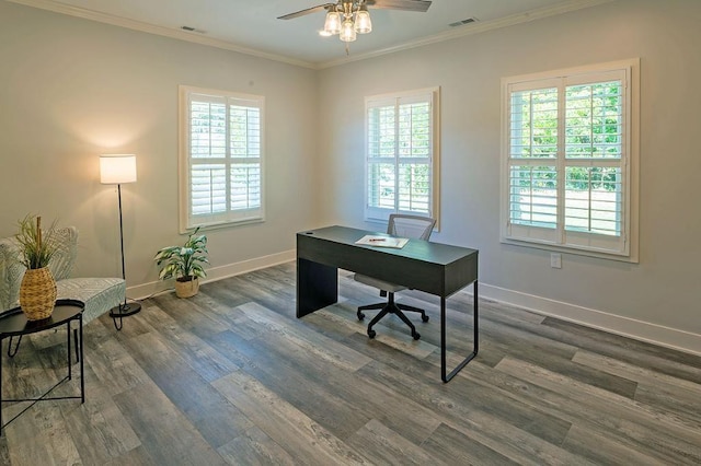 office area with crown molding, ceiling fan, and dark wood-type flooring