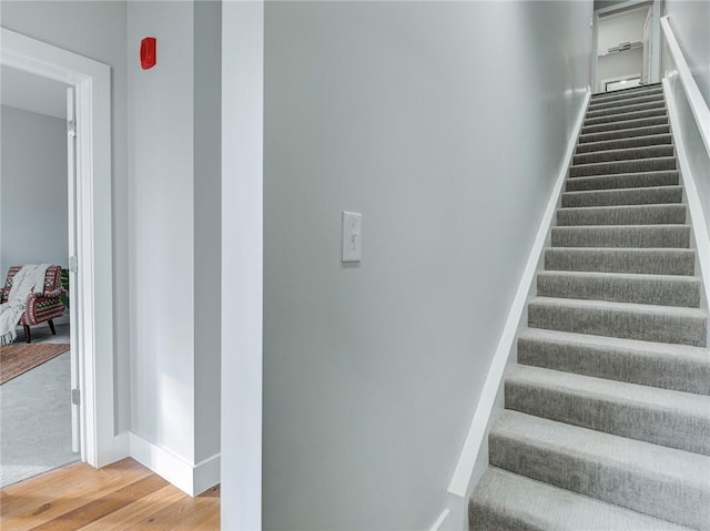 stairs featuring light hardwood / wood-style flooring