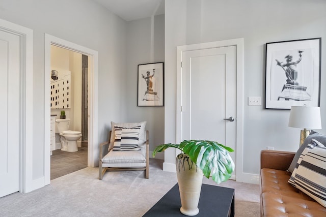 living area with light colored carpet