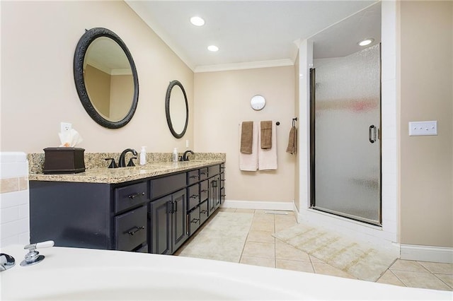 bathroom featuring ornamental molding, tile patterned flooring, vanity, and an enclosed shower