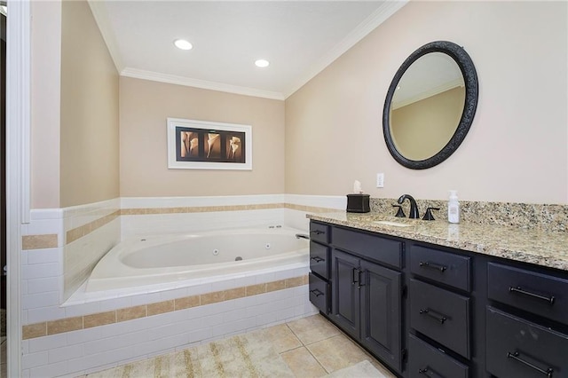 bathroom featuring crown molding, vanity, tile patterned floors, and a relaxing tiled tub