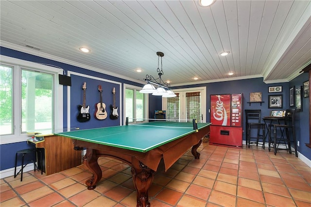 playroom with light tile patterned flooring, wood ceiling, and crown molding