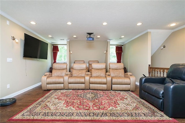 cinema with crown molding and dark hardwood / wood-style floors