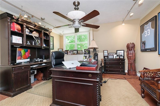 office area with ceiling fan, ornamental molding, and rail lighting