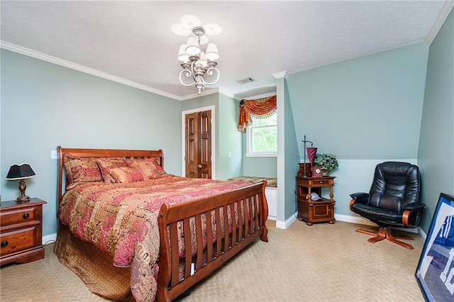 carpeted bedroom with crown molding and an inviting chandelier