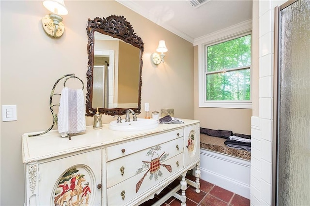 bathroom with vanity, ornamental molding, and an enclosed shower