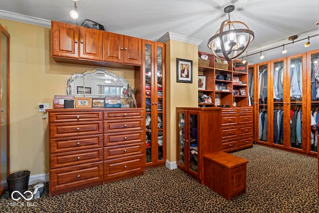 spacious closet featuring carpet and a chandelier