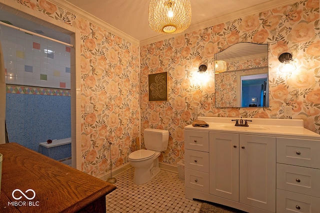 bathroom with walk in shower, vanity, crown molding, and toilet