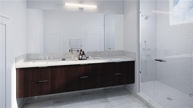 bathroom with an enclosed shower, tile floors, and double sink vanity