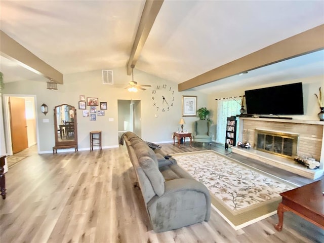 living room with lofted ceiling with beams, ceiling fan, and wood-type flooring