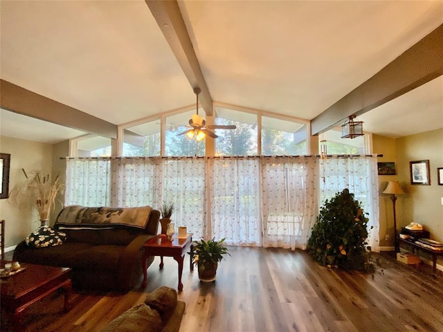 living room with vaulted ceiling with beams, ceiling fan, and wood-type flooring