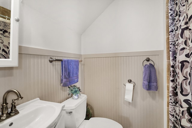 bathroom with lofted ceiling, toilet, and sink