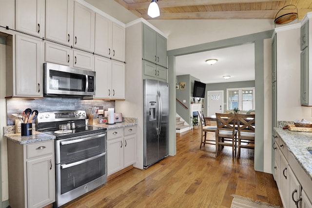 kitchen featuring appliances with stainless steel finishes, backsplash, wood ceiling, and light hardwood / wood-style floors