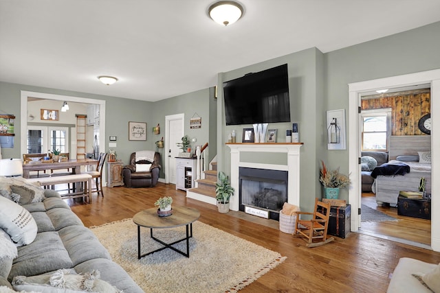 living room featuring dark wood-type flooring