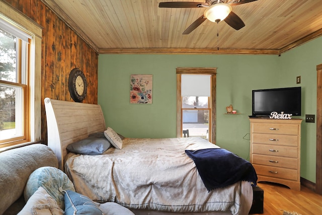 bedroom featuring wooden walls, wooden ceiling, light hardwood / wood-style floors, and ceiling fan