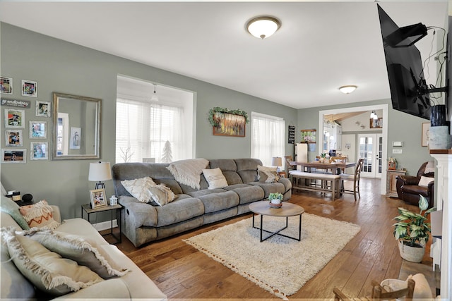 living room featuring plenty of natural light, french doors, and dark hardwood / wood-style flooring