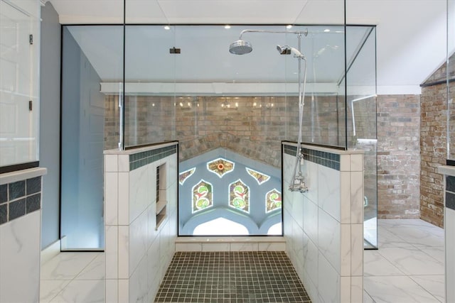 bathroom with tile walls, tile floors, and a shower