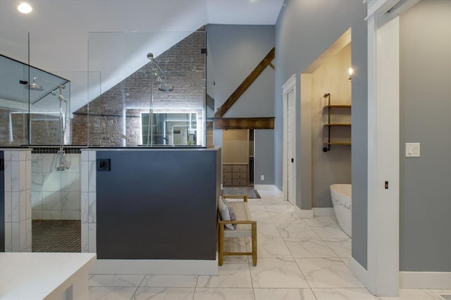 bathroom with tile flooring, tiled shower, and a towering ceiling