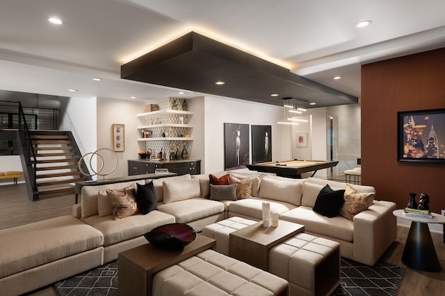 living room with pool table and dark hardwood / wood-style floors