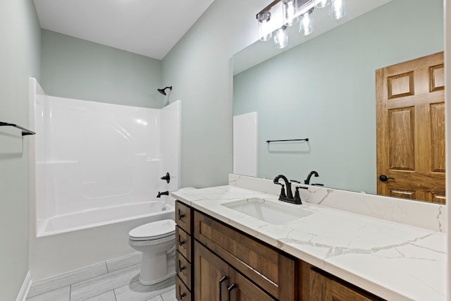 full bathroom with oversized vanity, shower / tub combination, toilet, and tile flooring