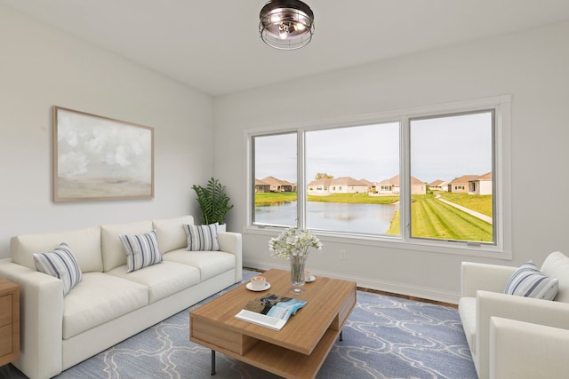 living room featuring hardwood / wood-style floors and a water view