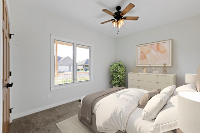 bedroom featuring ceiling fan and carpet floors