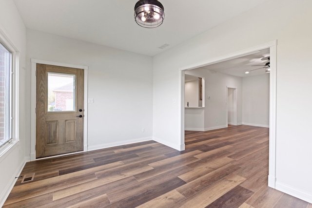 entryway featuring dark hardwood / wood-style floors and ceiling fan