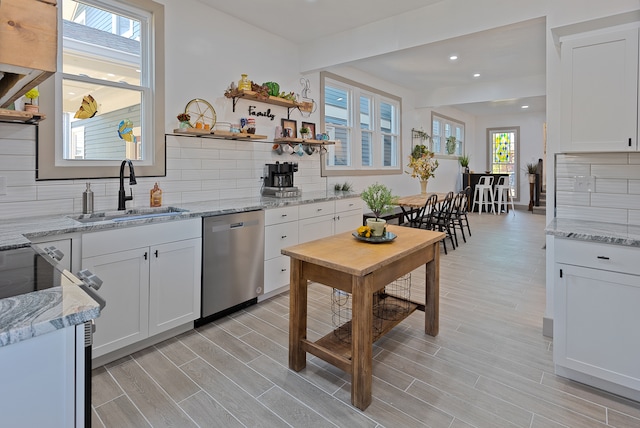 kitchen with white cabinets, backsplash, stainless steel dishwasher, and sink