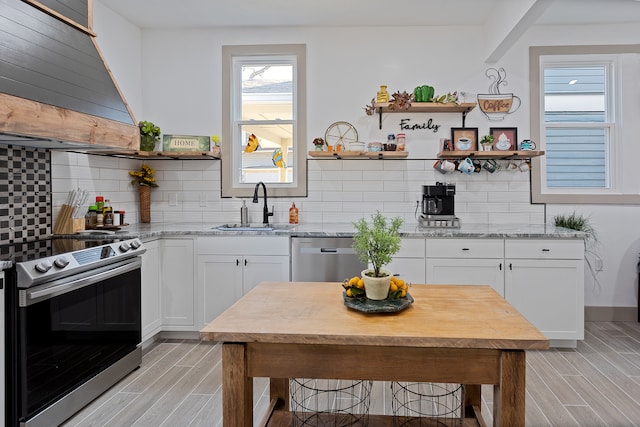 kitchen featuring sink, stainless steel appliances, backsplash, and white cabinets