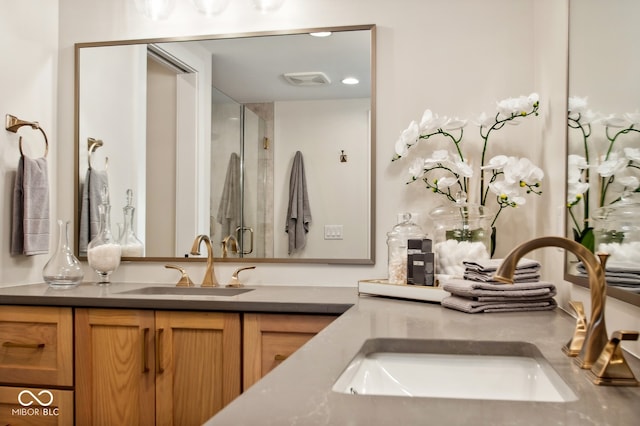 bathroom with vanity and a shower with shower door