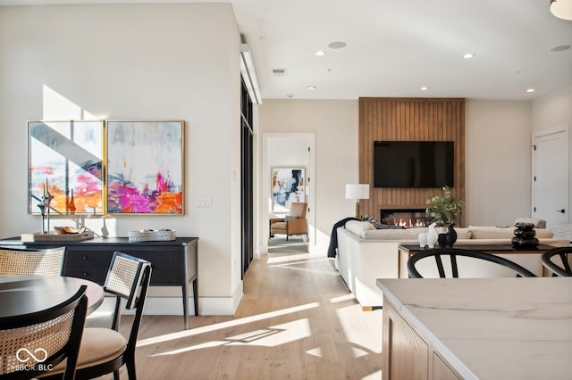 living room featuring light wood-type flooring and a large fireplace