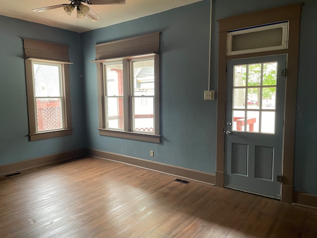 entryway featuring light hardwood / wood-style floors and ceiling fan