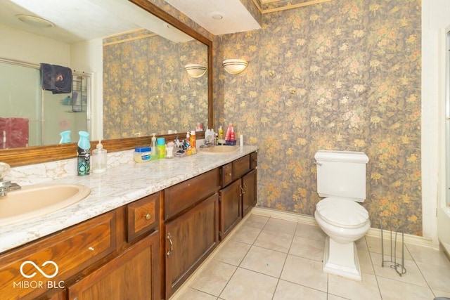 1205 Ivywood Ct, New Castle, IN 47362 - bathroom with a shower with door, baseboards, a sink, and tile patterned floors