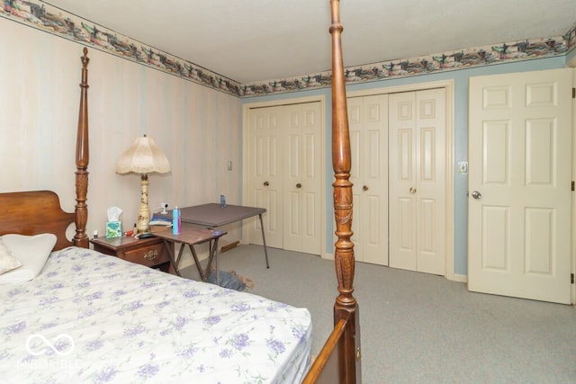 carpeted bedroom featuring multiple closets