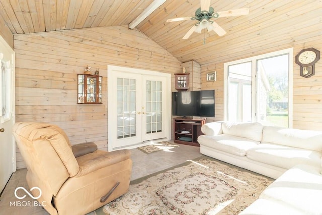 1205 Ivywood Ct, New Castle, IN 47362 - living room featuring wooden ceiling, lofted ceiling with beams, french doors, and wood walls