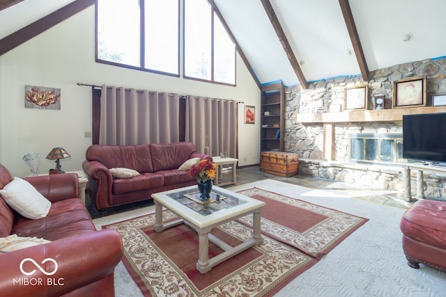 living room featuring built in features, high vaulted ceiling, and beamed ceiling