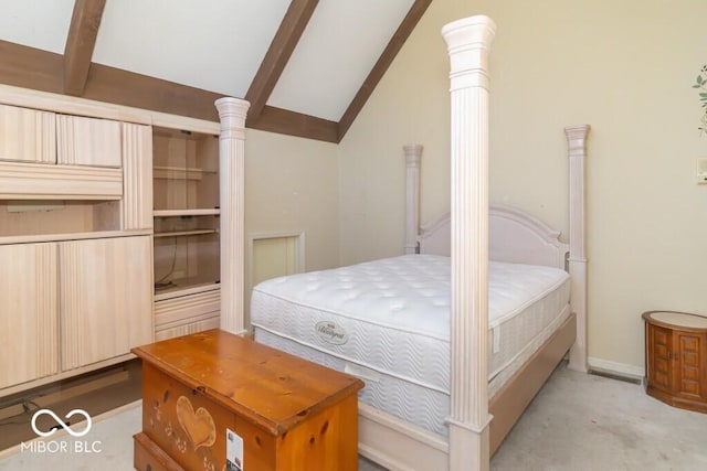 1205 Ivywood Ct, New Castle, IN 47362 - bedroom featuring carpet floors, vaulted ceiling with beams, and decorative columns