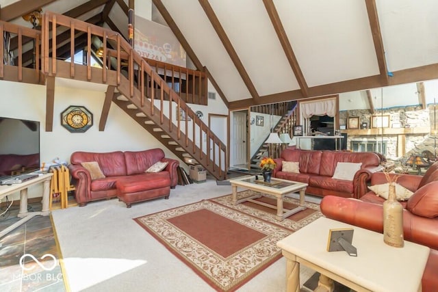 1205 Ivywood Ct, New Castle, IN 47362 - living room featuring visible vents, stairway, high vaulted ceiling, beamed ceiling, and carpet
