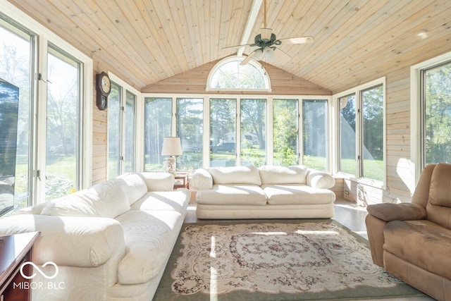 sunroom with ceiling fan, vaulted ceiling with beams, and wooden ceiling